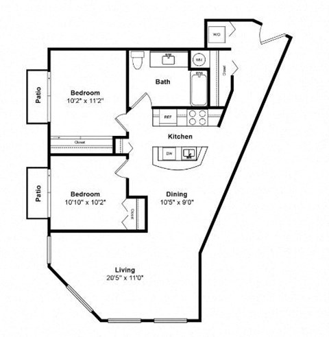 Floor plan for 2 beds, 1 bath, 947 sqft